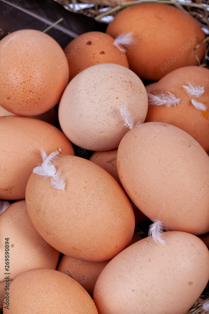 A wicker basket full of homemade organic eggs A wicker basket full of homemade organic eggs