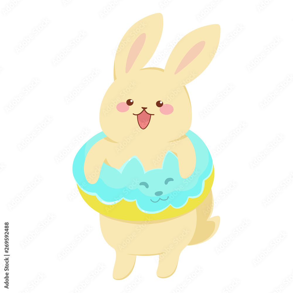 Obraz premium Bunny with a blue swimming circle is going to swim. Cute rabbit is about to bathe. Isolated vector illustration for design, coloring, prints, posters.