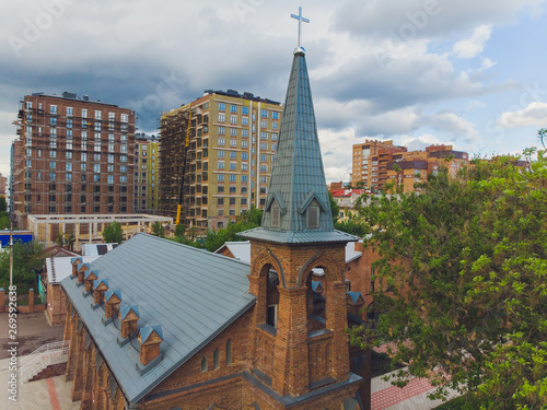 View of Jesus Evangelical Lutheran church that is located in the city center. view from quadcopter.