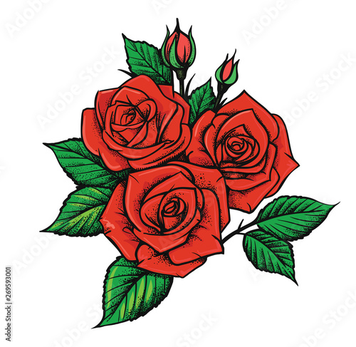 Beautiful red roses and leaves. Floral design greeting card