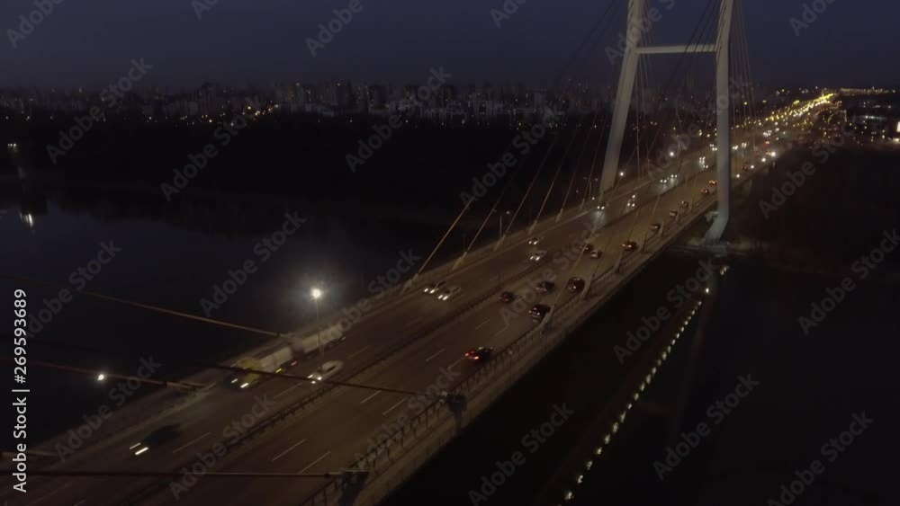 Aerial view of the bridge and the Vistula River, the skyline of Warsaw. Night landscape of the bridge. Shot on drone 4K Aerial view of the bridge and the Vistula River, the skyline of Warsaw. Night landscape of the bridge. Shot on drone 4K