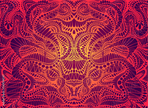 Psychedelic trippy colorful fractal mandala, gradient bright red, orange,yellow colors outline,on dark background. Decorative abstract element pattern.Vector shamanic fantasy background.