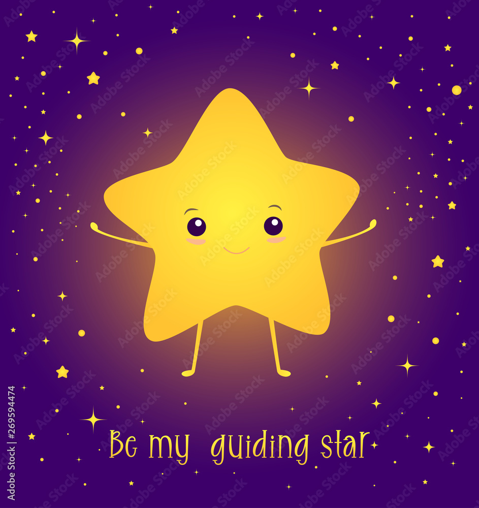Happy, kawaii, bright star with a smiling sweetheart face, with the text - 