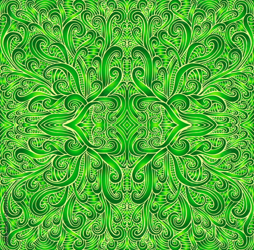 Shamanic fantasy mandala texture. Ethno style. Gradient green and light green color, yellow contour. Ornamental tribal element floral pattern. Vector surreal illustration.