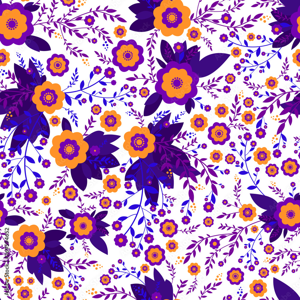 Colorful abstract wildflowers of orange, violet color, seamless texture pattern design. Decorative flowers and plants on white background. Vector original ornament flowers