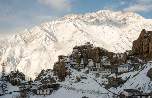 Winter season and snow cover at dhankar village - Spiti photo