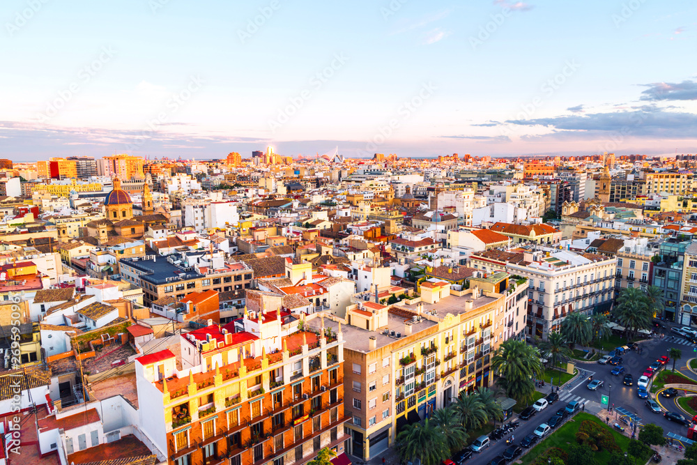 Aerial view of Valencia, Spain in the evening. Plaza de la Reina with many cafes
