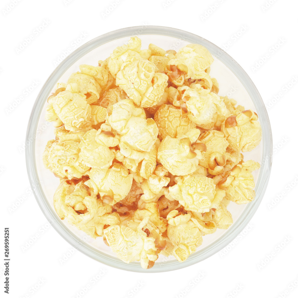 top view of caramel popcorn isolated on white top view of caramel popcorn isolated on white