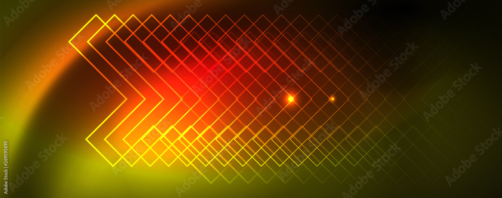 Obraz premium Techno glowing background, futuristic dark template with neon light effects and simple forms, vector