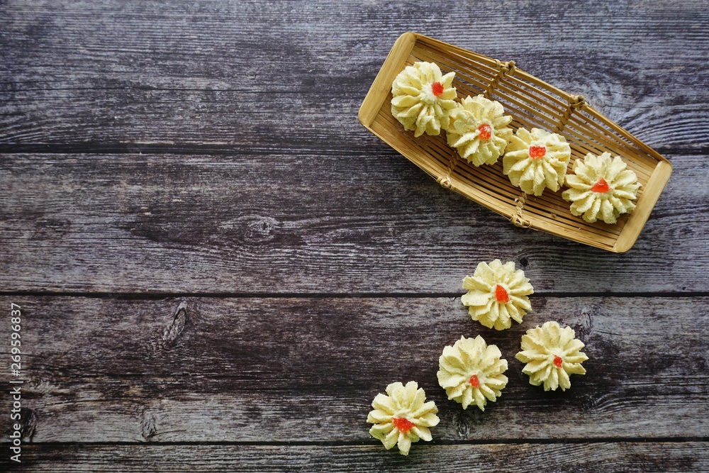 A malay traditional cookies called Kuih Semperit Dahlia served during Eid Fitri. Top view and flat lay concept. A malay traditional cookies called Kuih Semperit Dahlia served during Eid Fitri. Top view and flat lay concept.