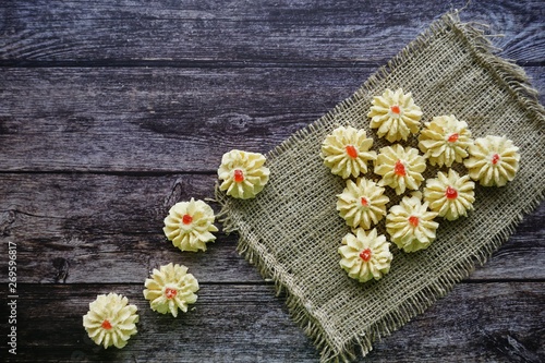 A malay traditional cookies called Kuih Semperit Dahlia served during Eid Fitri. Top view and flat lay concept.