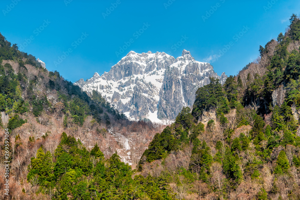 Mountain with snow in Okuhida villages Shinhotaka Ropeway in Gifu Prefecture, Japan park with blue sky on sunny spring day
