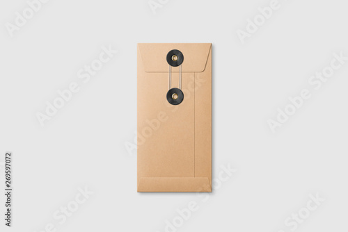 Kraft Paper DL size String and Black Washer Envelope Mockup on light grey background. High resolution. photo