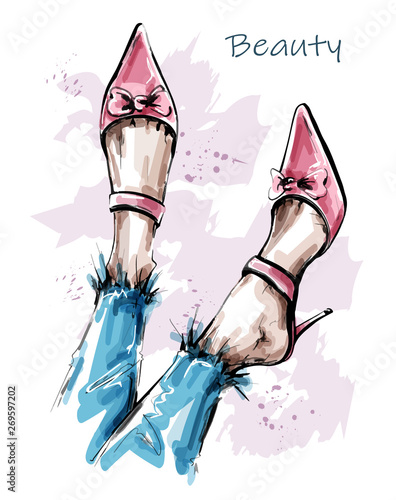 Hand drawn beautiful female legs with pink shoes. Fashion shoes. Sketch. Vector illustration.