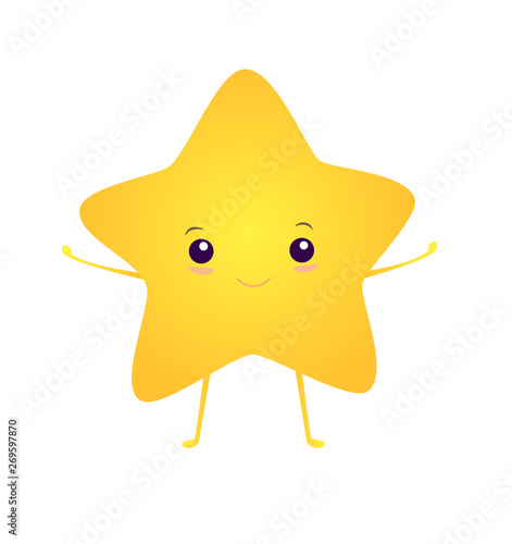 Happy, kawaii, bright smiling asterisk, isolated on white background. Vector  illustration with cute star. Cartoon style, colorful fun character for T-shirt, sticker, card design.