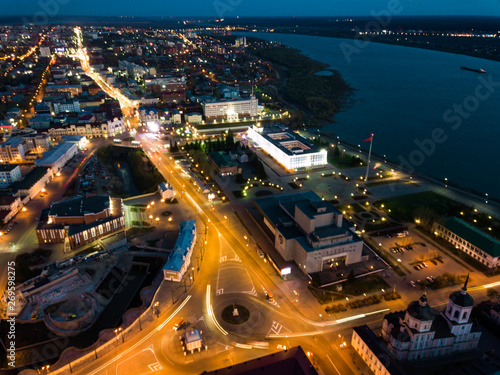 Tomsk nigth illumination. Cityscape Aerial view of Tom river. Siberia, Russia. photo