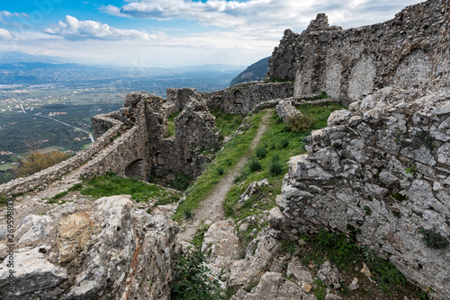 Part of the byzantine archaeological site of Mystras in Peloponnese, Greece. View of the remains of the VillehardouinÕs Castle, the ancient citadel of the city © dinosmichail