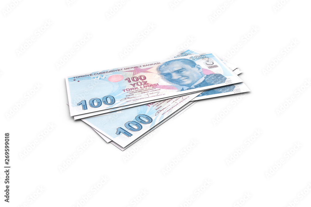 Deck of Turkish Liras Banknotes on White Deck of Turkish Liras Banknotes on White