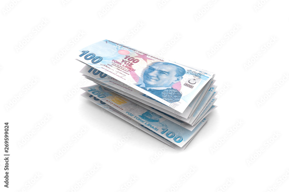 Turkish Liras Banknotes Falling and Flying Around on White Turkish Liras Banknotes Falling and Flying Around on White