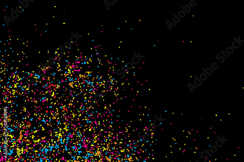 Birthday foil confetti glitter sparkles blow. Particles random background. Colourful explosion of dots. Grainy textured holiday birthday design for greeting cards visuals. Vector.