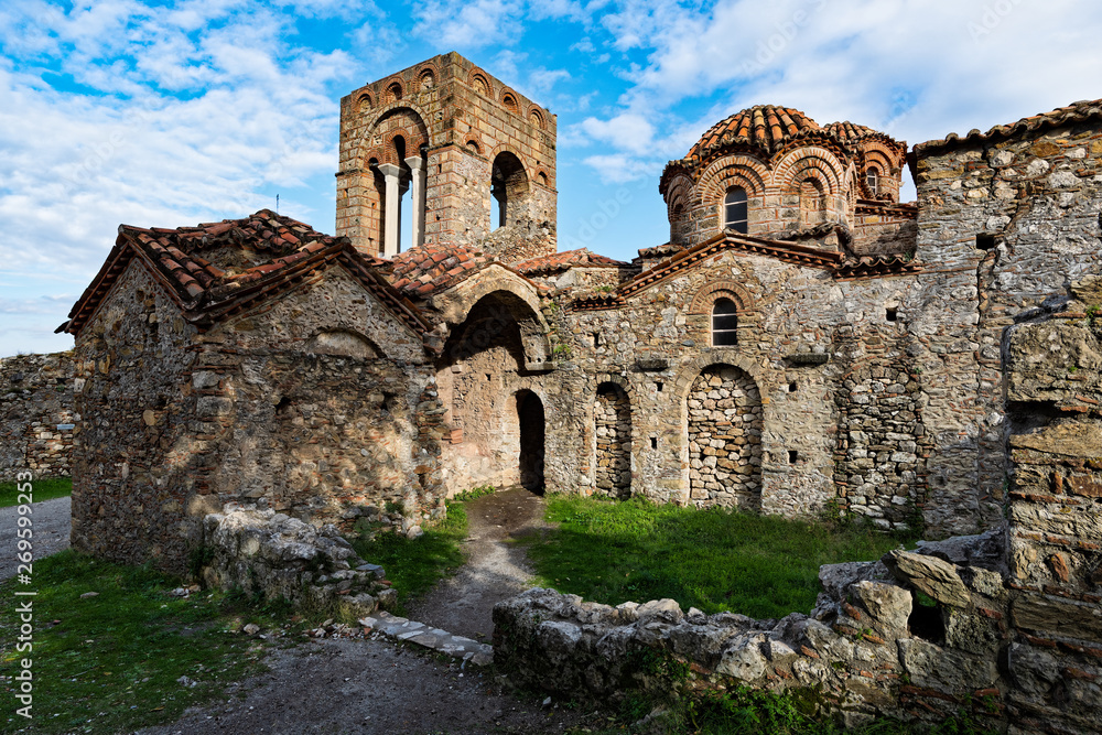 Part of the byzantine archaeological site of Mystras in Peloponnese, Greece. View of the Church of Hagia Sophia in the upper city of ancient Mystras