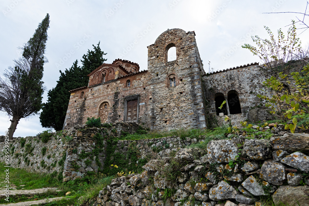 Part of the byzantine archaeological site of Mystras in Peloponnese, Greece. View of the Evangelistria Church in the middle city of ancient Mystras