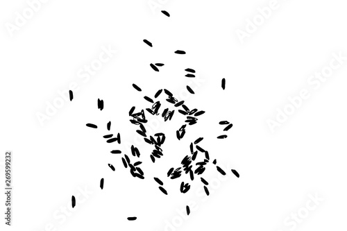White rice in black on white background. Organic texture. Silhouette of rice flakes, spread on the flat surface or table. Top view. Vector.