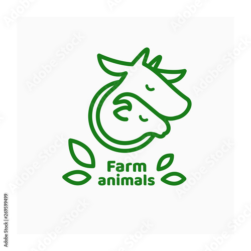 Organic farm logo with domestic animals. Vector Illustration of cow and ram. Livestock sign. Symbol for farming, agricultural company, farmers market or meat store. Green label for beef or mutton.