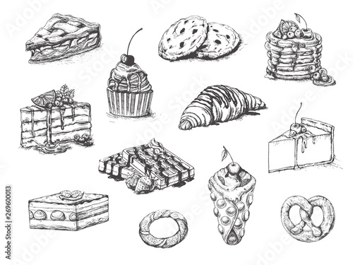 Desserts set. Vector illustration. Cakes, biscuits, baking, cookies, pastries, eclair, muffin, cheese cake, waffles, donuts, croissant, meringue hand drawing on white background. Food vintage style. 