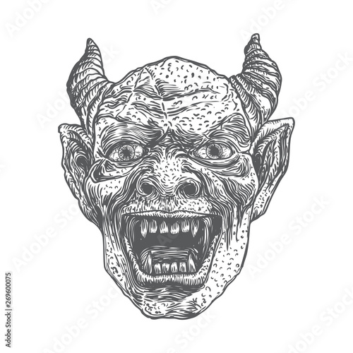 Devil head with big demon horns or antlers and sharp fangs. Satan or Lucifer fallen angel depiction. Gargoyle human like chimera fantastic beast creature with dark scary face. Vector.