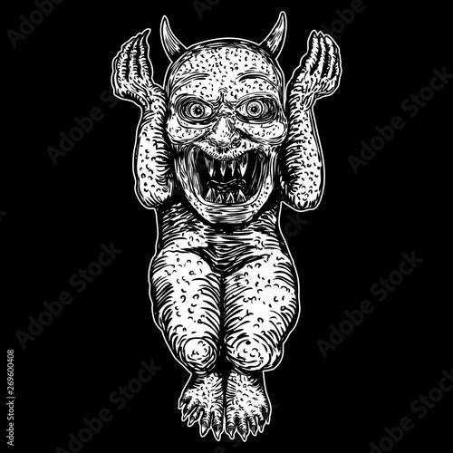 Demon, human like monster creature chimera with fangs horns, and claws. Mystic and occult hand drawn engraved devil vector.
