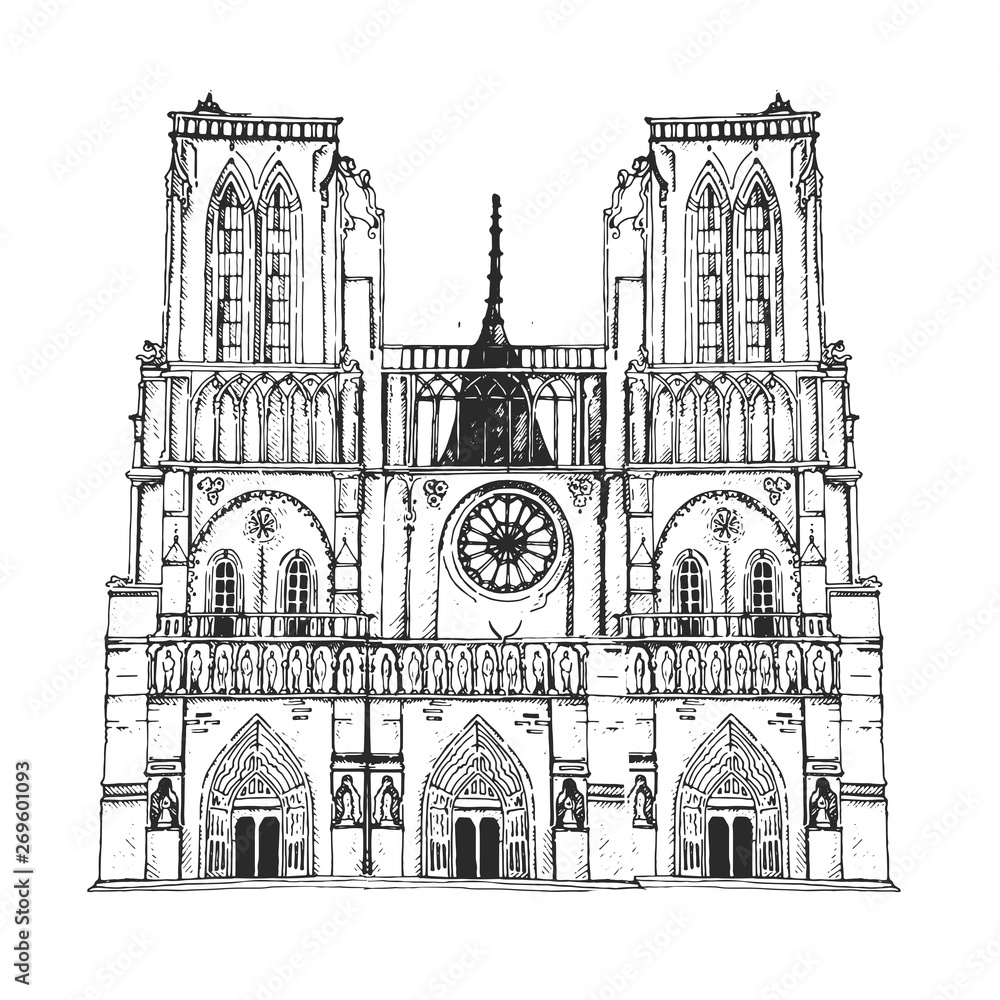 France, Paris, the architecture on a white background. sketch.Notre Dame  Cathedral drawing. Stock Vector | Adobe Stock