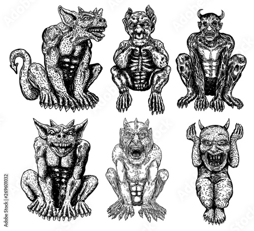 Set of demons, human like monsters creatures chimera with fangs horns, and claws. Mystic and occult hand drawn engraved devil vector.
