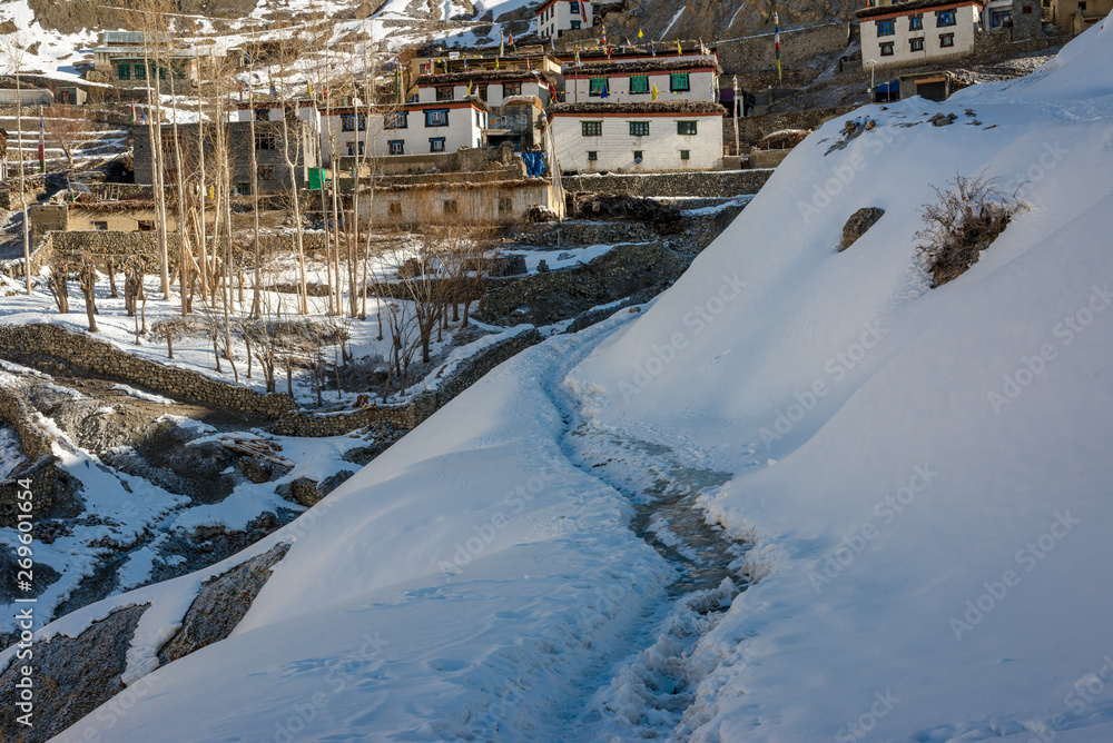 Village in Winter Spiti - Landscape in winter in himalayas
