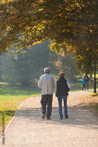 Senior citizen couple taking a walk in a park during autumn morning.