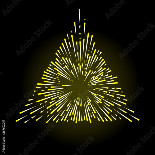 Gold halo angel burst in shape of triangle fire flakes. Isolated on black background. Holy golden nimbus aureole, saint symbol. Tattoo reference. Vector.