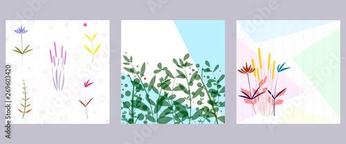 Set of floral card with abstract hand-drawn flowers