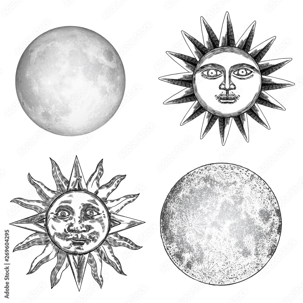 Vecteur Stock Style set of realistic full moon and human face like  crescent stipple hand drawing anthropomorphic vintage sun engraving with  rays like a star Astrology or astronomy planet design Vector 