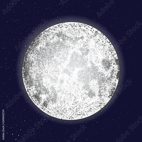 Hand drawn moon shiny on dark blue space background in cosmos or stars. Retro style. Astrology or astronomy element. Vector