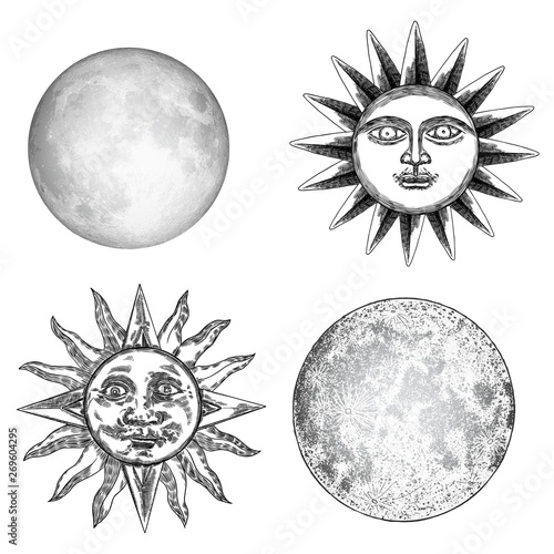 Style set of realistic full moon and human face like crescent, stipple hand drawing, anthropomorphic  vintage sun engraving with rays like a star. Astrology or astronomy planet design. Vector.