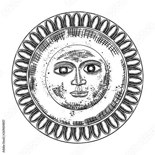 Hand drawn antique style sun with face of the human like. Anthropomorphic flash tattoo or print design Vector.
