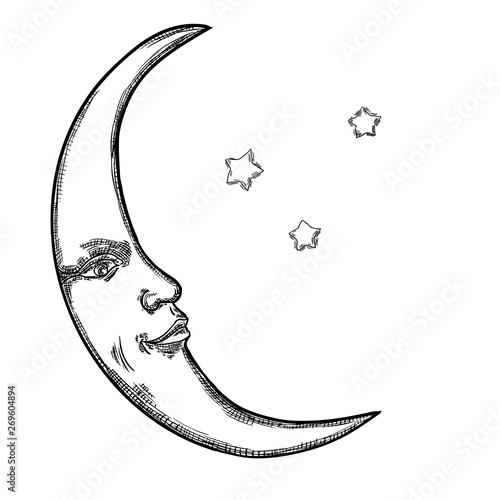 Hand drawn sketch of crescent moon human like face or anthropomorphic planet in black and white, isolated on white. Detailed antique vintage style stipple drawing. Vector.