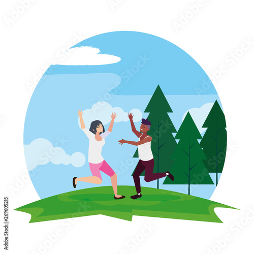 interracial young couple celebrating in the camp