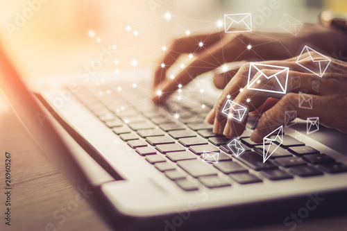 Business woman hand using Laptop pc with email icon, Email concept