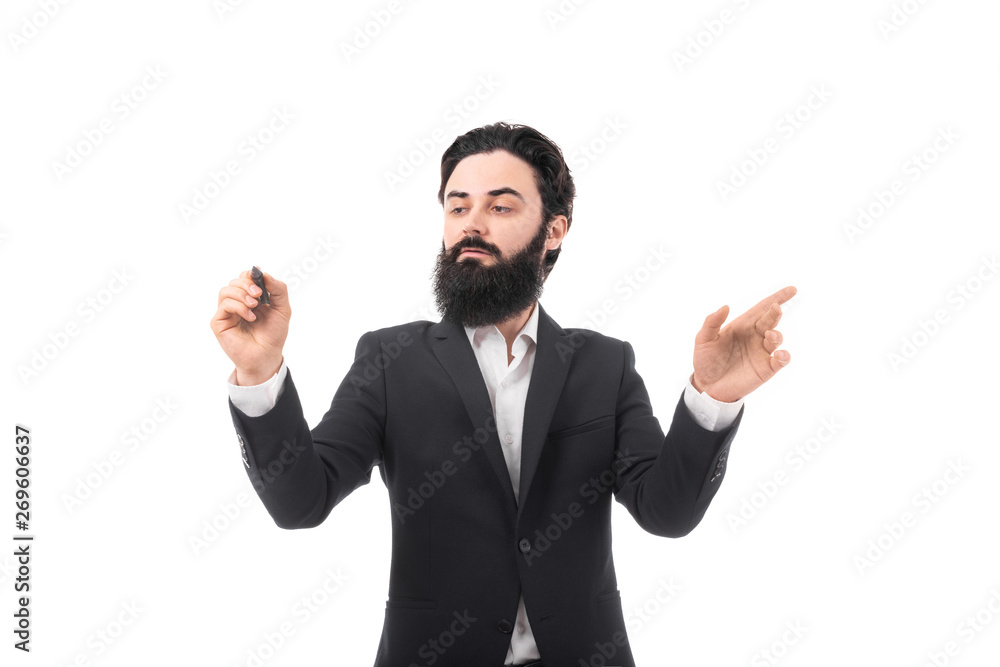 bearded businessman touching invisible screen and writes with stylus isolated on white background bearded businessman touching invisible screen and writes with stylus isolated on white background