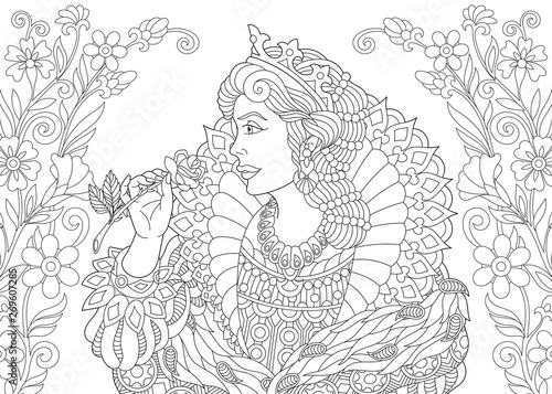 queen and flowers coloring page in zentangle style