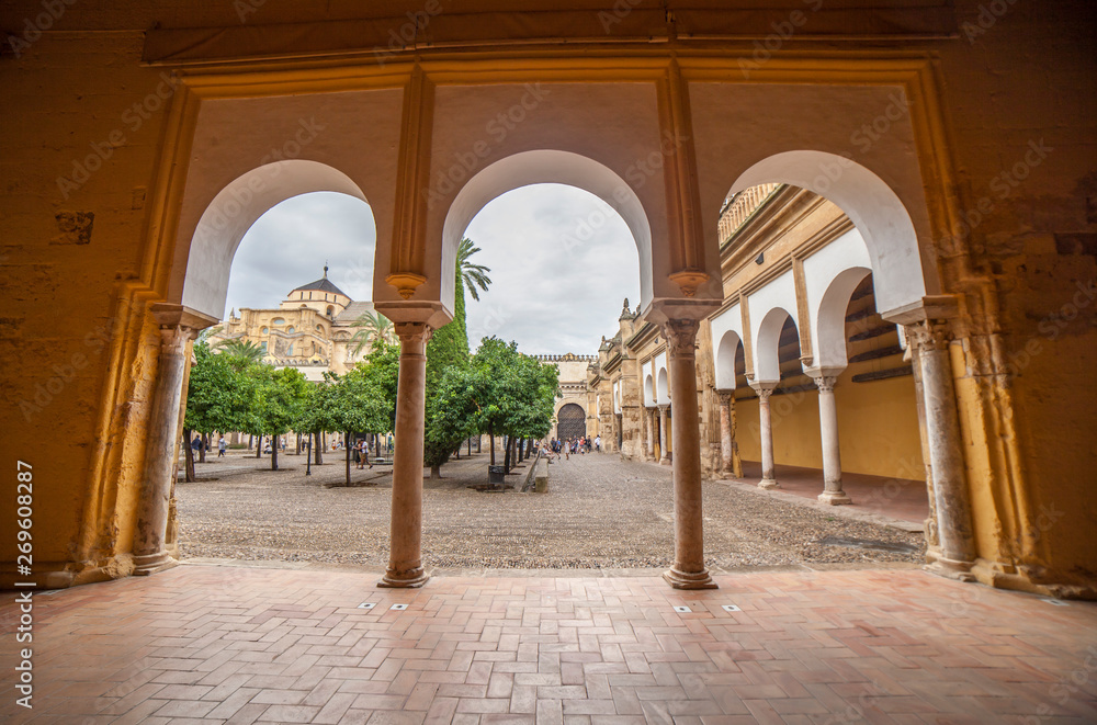 Courtyard taken from porticoed sorrouding area. Mosque of Cordoba, Spain