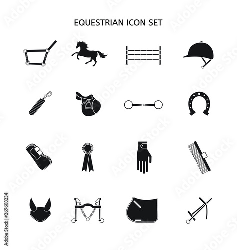 Vector flat black set collection of equestrian horse equipment silhouette icon isolated on white background 