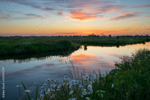 Beautiful colorful sunset over the dutch polder landscape. Reflections in the calm water of the canal and wildflowers in the foreground.