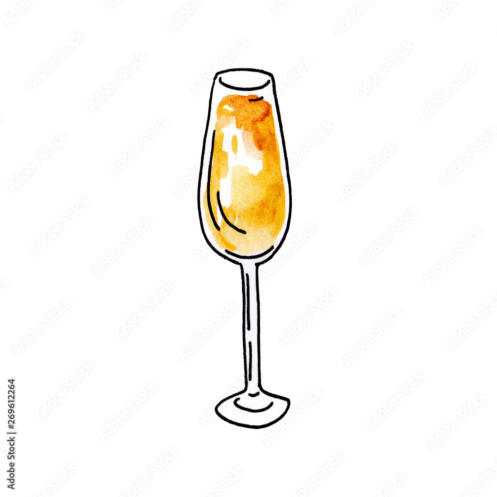 Watercolor hand drawn illustration wineglass with white wine on white background. Picture of a alcoholic drink. Watercolor hand drawn illustration wineglass with white wine on white background. Picture of a alcoholic drink.